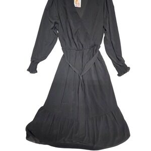 Pretty Garden Midi V Neck Dress Long Sleeve‎ Ruffle Hem Belted Black XXL